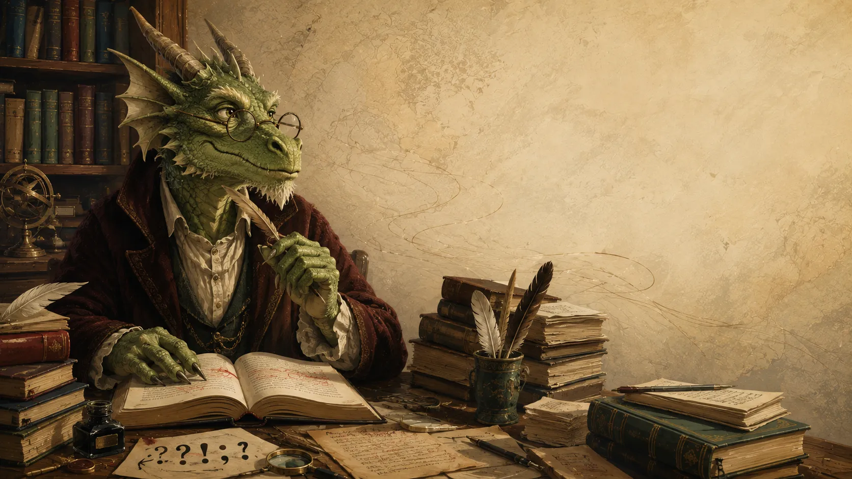 Slay Pendragon, a scholarly green dragon, at a desk with books, manuscripts, and a quill